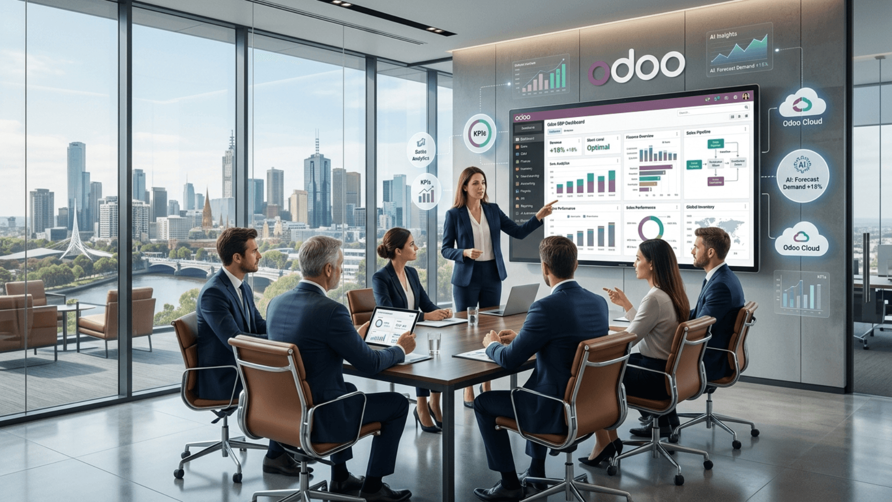 Business team reviewing an Odoo ERP dashboard
